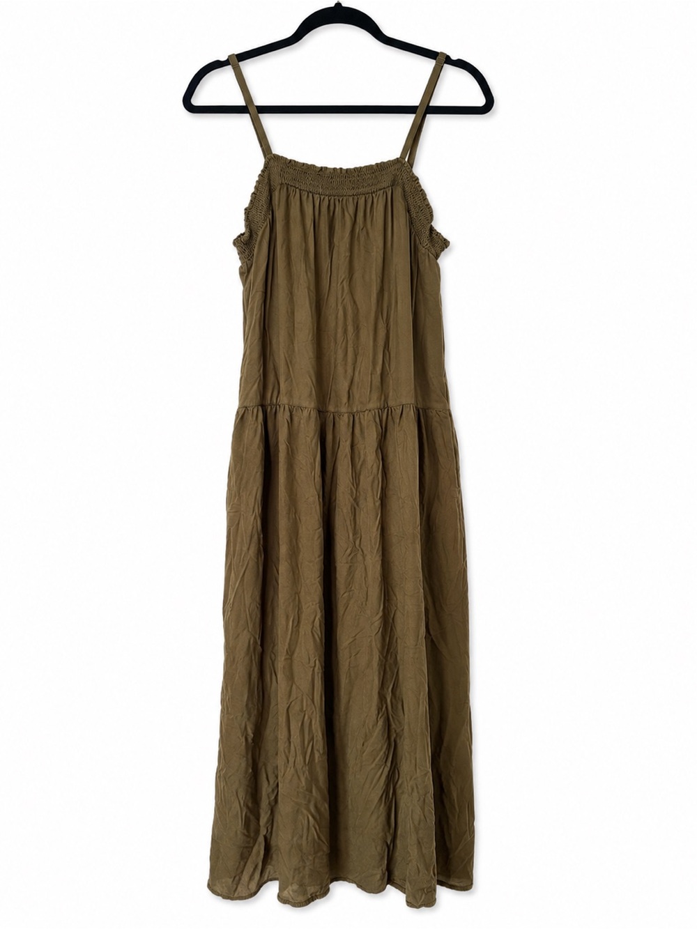 Old Navy Olive Green Smocked Maxi Dress Boho Adjustable Straps Pocket XL